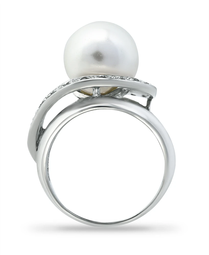 Imitation Pearl and Pave Cubic Zirconia Swirl Wrap Ring Silver Plate