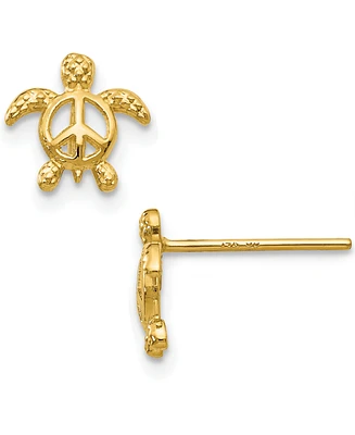 Peace Sign Sea Turtle Stud Earrings in 14k Gold