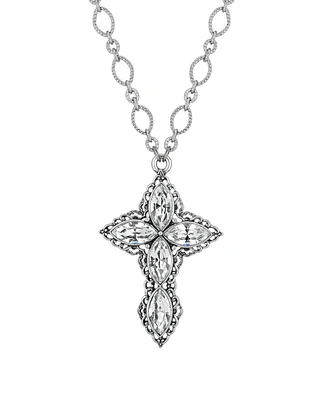 2028 Pewter Crystal Diamond Shaped Stones Cross 24" Necklace