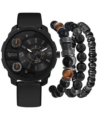 American Exchange Men's Black Rubber Strap Watch 46mm Gift Set