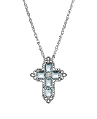 2028 Women's Pewter Rectangle Light Blue Crystal Cross Chain Necklace