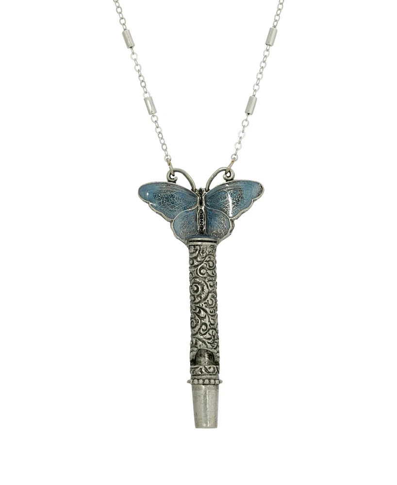 2028 Women's Pewter Whistle with Blue Enamel Butterfly Necklace