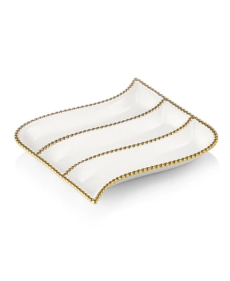Classic Touch Porcelian 3 Divider cracker Dish with Gold Beaded Design