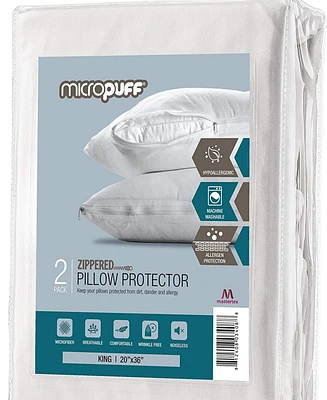 Micropuff Hypoallergenic Microfiber Pillow Protector with Zipper– White (2 Pack)