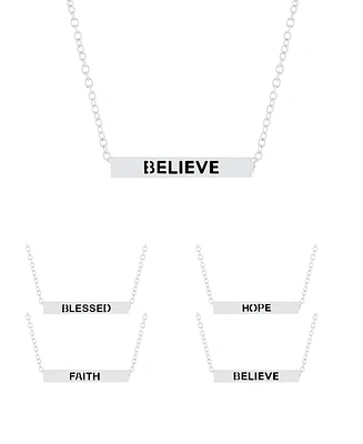 Inspirational Blessed, Hope, Believe and Faith 4 Sided Bar Necklace 16+2"In Silver Plated