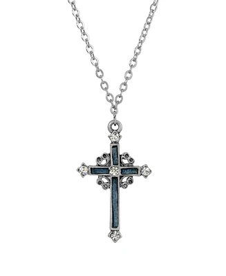Pewter Blue Hand Enamel Cross with Crystals Necklace
