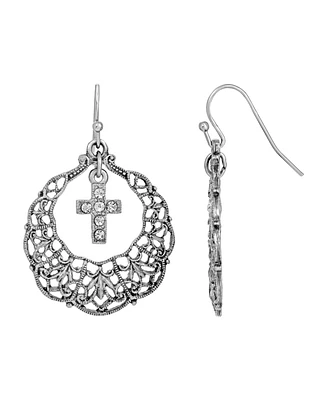 Pewter Hoop Crystal Cross Drop Earrings