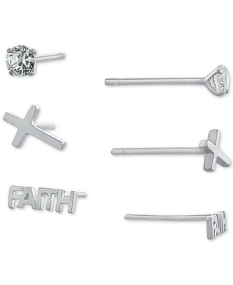 Giani Bernini 3-Pc. Set Cubic Zirconia & Faith-Themed Stud Earrings in Sterling Silver, Created for Macy's
