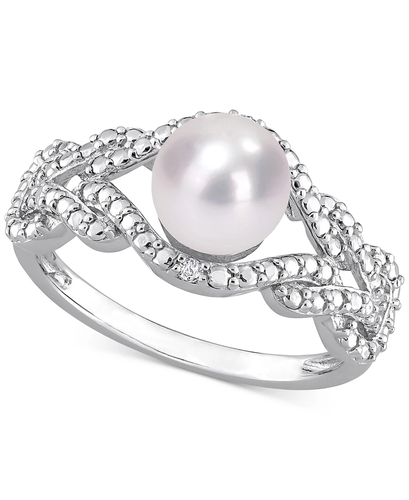 Cultured Freshwater Pearl (7mm) & Diamond Accent Openwork Ring Sterling Silver