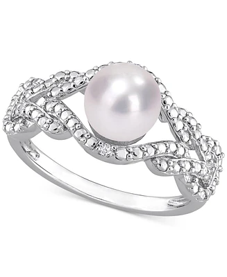 Cultured Freshwater Pearl (7mm) & Diamond Accent Openwork Ring Sterling Silver