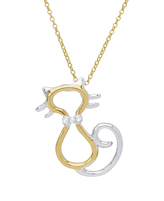 Two Tone Cubic Zirconia Cat Pendant 18" Two Tone Plate Necklace
