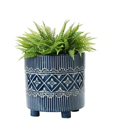 Debossed Stoneware Footed Planter with Pattern, Blue and White