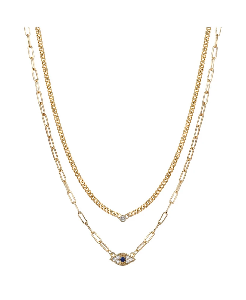 Gold Flash Plated Cubic Zirconia Evil Eye Layered Necklace, 16+2" Extender