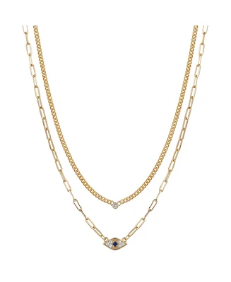 Gold Flash Plated Cubic Zirconia Evil Eye Layered Necklace, 16+2" Extender