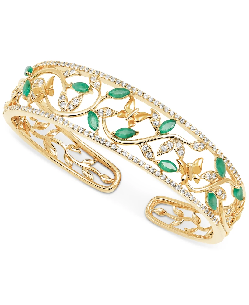 Emerald (1-7/8 ct. t.w.) & White Topaz (1-5/8 ct. t.w.) Openwork Cuff Bangle Bracelet in 14K Gold-Plated Sterling Silver