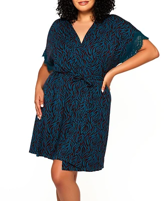 Plus Zebra Print Jersey Knit Robe with Lace Trims