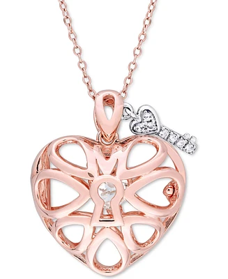 White Topaz Heart Lock & Key 18" Pendant Necklace in Sterling Silver & 18k Rose Gold-Plate