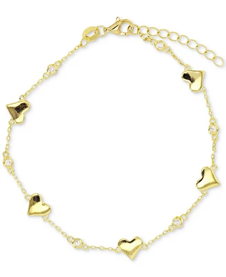Cubic Zirconia Polished Heart Bracelet in Sterling Silver or 14k Gold-Plated Sterling Silver