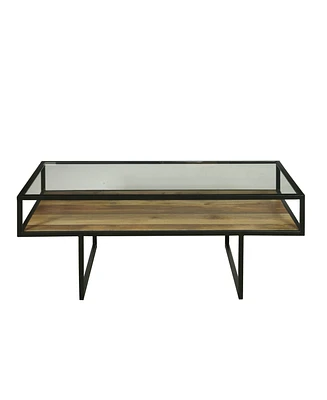 Iron Coffee Table with Glass Top and Wooden Shelf