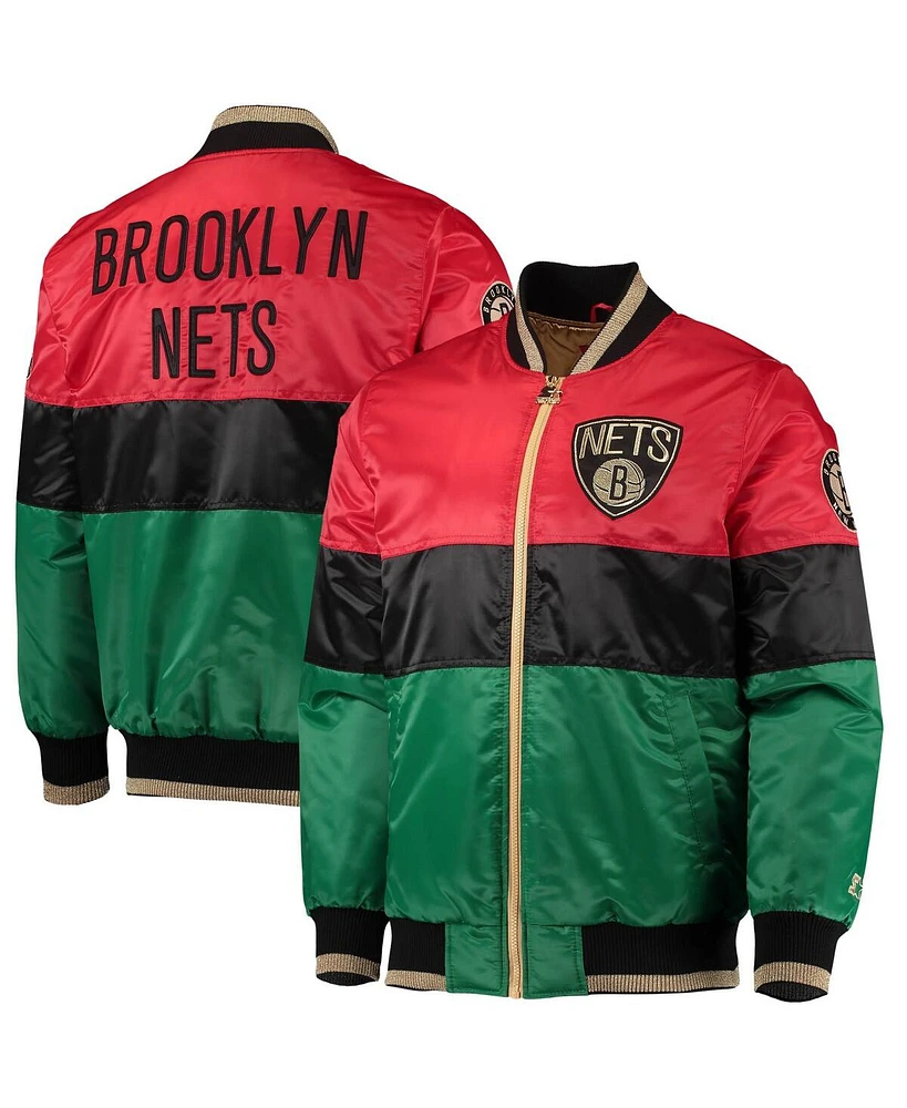 Men's Starter Red and Black and Green Brooklyn Nets Black History Month Nba 75th Anniversary Full-Zip Jacket