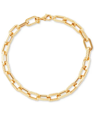 Lightweight Polished & Textured Large Cable Link Bracelet in 10k Gold