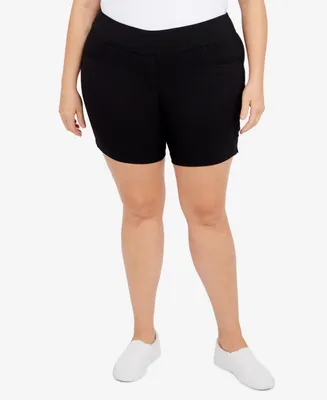 Plus Essentials Solid Color Tech Stretch Shorts with Elastic Waistband