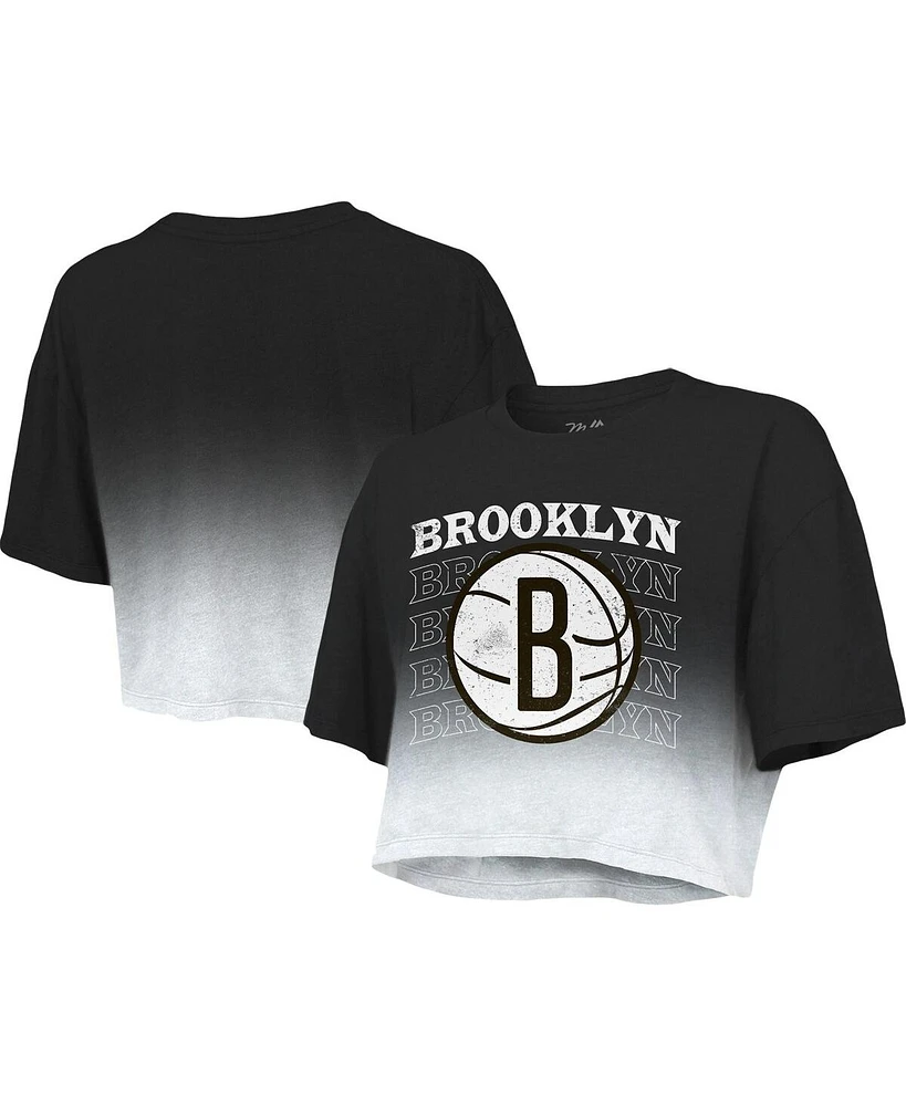 Women's Majestic Threads Black and White Brooklyn Nets Repeat Dip-Dye Cropped T-shirt