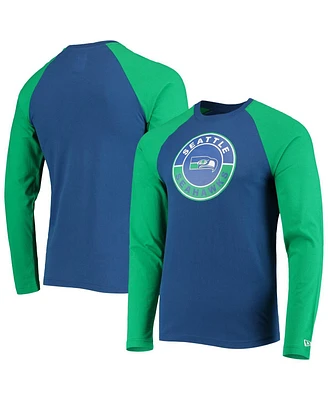 Men's New Era Royal, Green Seattle Seahawks League Raglan Throwback Long Sleeve T-shirt