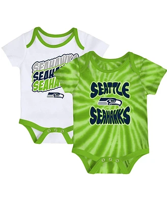 Newborn and Infant Boys Girls Neon Green, White Seattle Seahawks Monterey Tie-Dye 2-Pack Bodysuit Set