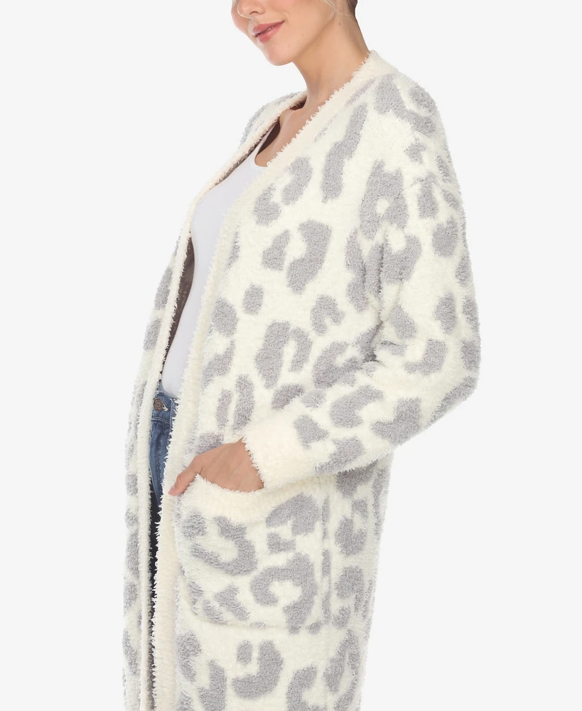 White Mark Women's Leopard Print Open Front Sherpa Cardigan