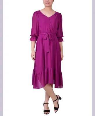 Ny Collection Petite 3/4 Sleeve V-neck Flounced Dress