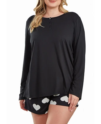 iCollection Kind Heart Plus Modal Henley Pajama Short Set Ultra Soft Comfy Cozy Style, 2 Piece