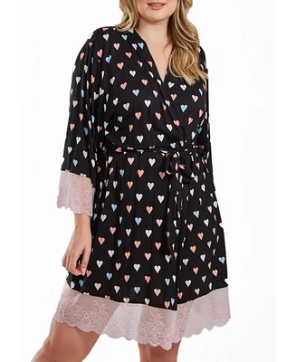 iCollection Tobey Plus Modal Hearts Robe Trimmed Contrast Lace with Self Tie Sash