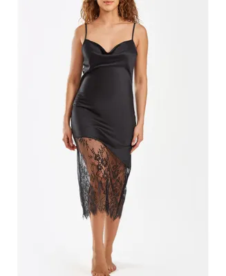 iCollection Women's Jeanie Satin Gown with Front Drape and Floral Eyelash Lace Contrast