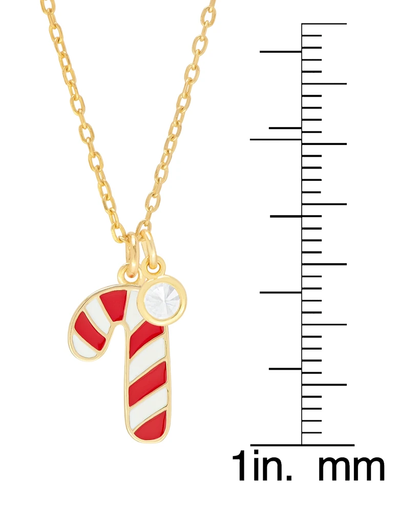 Lab-grown White Sapphire (5/8 ct. t.w.) & Enamel Candy Cane & Bezel Drop Pendant Necklace in 14k Gold-Plated Sterling Silver, 16" + 2" extender