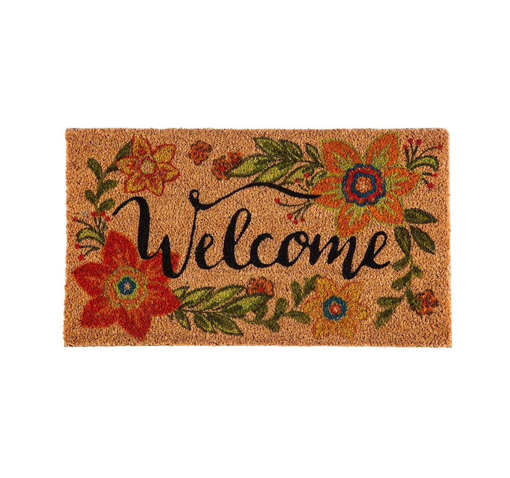 Evergreen Evergreenful Floral Welcome Indoor Outdoor Natural Coir Doormat 1'4"x2'4" Orange
