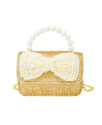 Tiny Treats Girls Gold Sparkle Bow Pearl Handle Bag