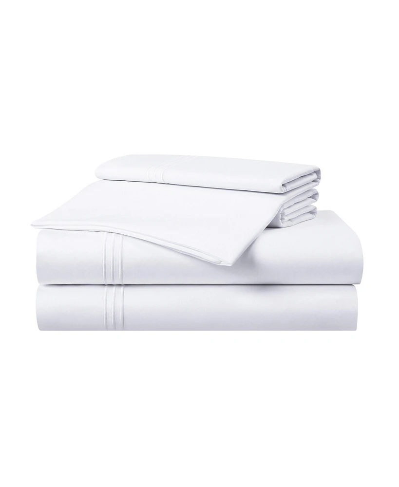 Aston and Arden Sateen Queen Sheet Set, 1 Flat Sheet, Fitted 2 Pillowcases, 600 Thread Count, Cotton, Pristine White with Fine Baratta