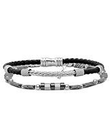 hickey by Hickey Freeman Thin Genuine Leather with Braided Metal Accent Id Hematite Bracelet, 2 Piece Set