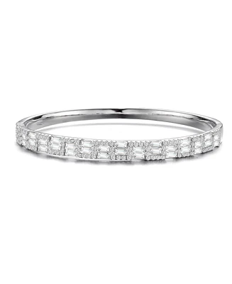 Sterling Silver with Rhodium Plated Clear Round and Green Cubic Zirconia Two-Row Accent Bangle Bracelet