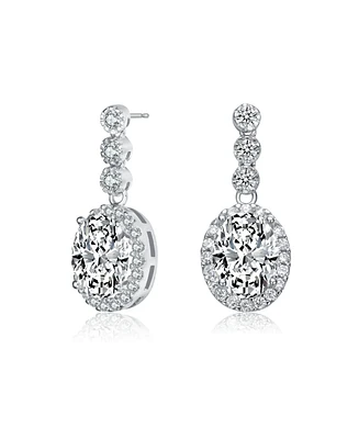 Sterling Silver with Clear Oval and Round Cubic Zirconia Halo Drop Earrings in White Gold Plated or 14K Gold Plated