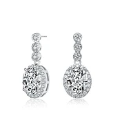 Sterling Silver with Clear Oval and Round Cubic Zirconia Halo Drop Earrings in White Gold Plated or 14K Gold Plated
