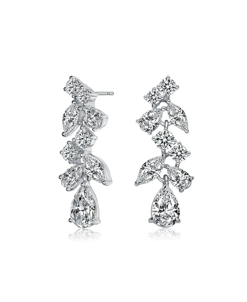 Sterling Silver with Rhodium Plated Clear Pear with Marquise and Round Cubic Zirconia Accent Dangle Earrings