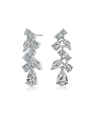 Sterling Silver with Rhodium Plated Clear Pear with Marquise and Round Cubic Zirconia Accent Dangle Earrings