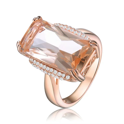 Sterling Silver with Rose Gold Plated Champagne Radiant Cubic Zirconia Solitaire Accented Clear Round Zirconias Cocktail Ring