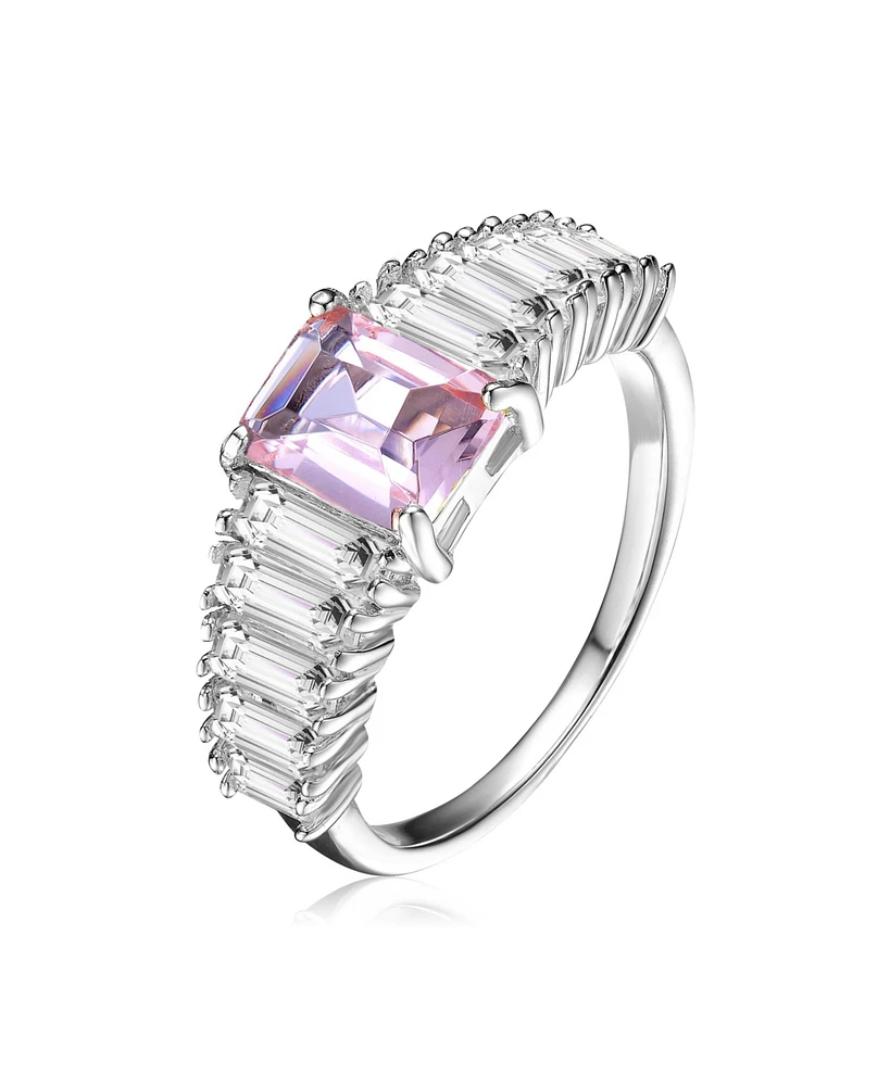 Sterling Silver with Rhodium Plated Pink Asscher Cubic Zirconia Green Zirconias Cluster Ring