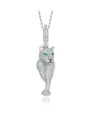 Sterling Silver Rhodium Plated Green Cubic Zirconia "Cheetah" Spring Ring Pendant