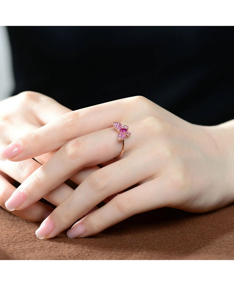 Sterling Silver with Rose Gold Plated Red Cubic Zirconia Small Butterfly Ring