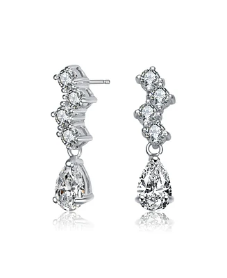 Sterling Silver with Rhodium Plated Clear Pear and Round Cubic Zirconia ZigZag Drop Earrings