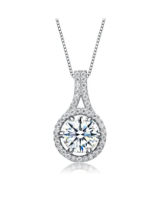 Sterling Silver with Rhodium Plated Round Cubic Zirconia Drop Pendant Necklace